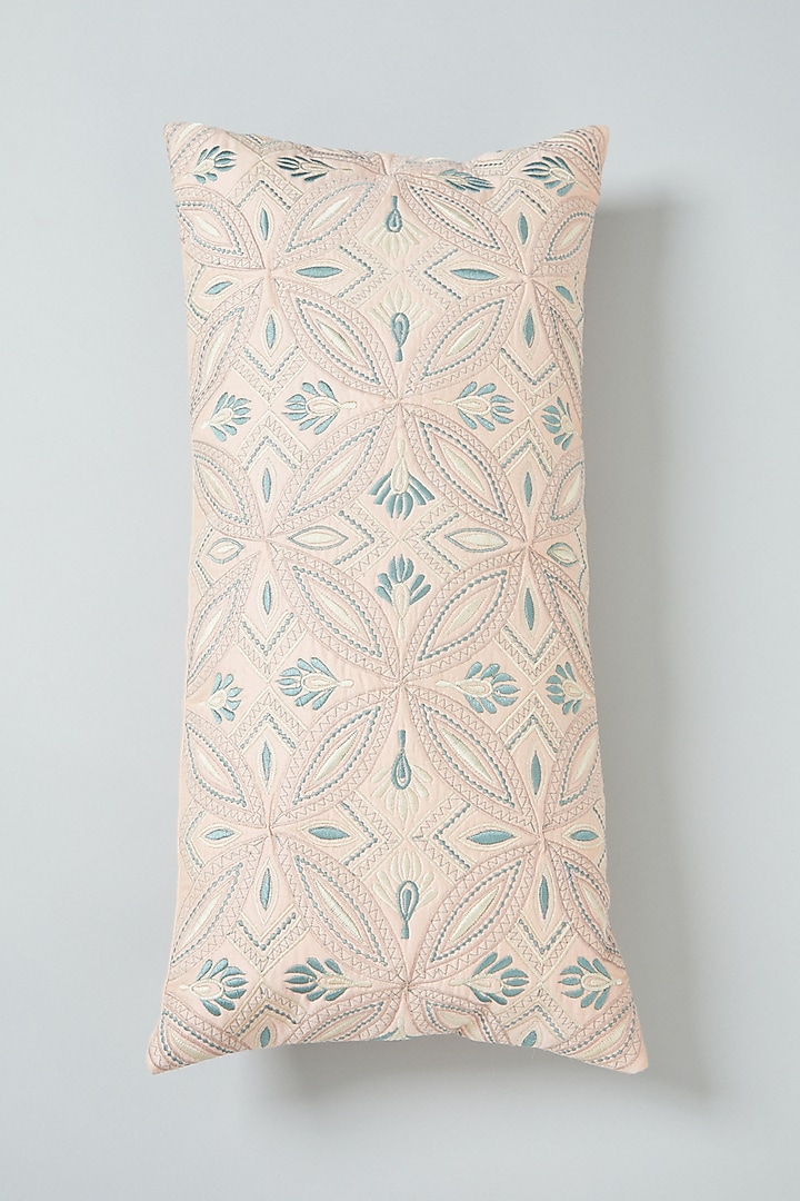 Baby Pink Embroidered Spine Cushion Cover by NEXUS BY UPASNA