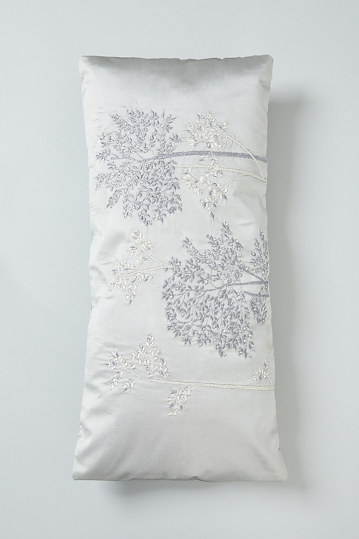 Silver Hand Embroidered Spine Cushion Cover by NEXUS BY UPASNA