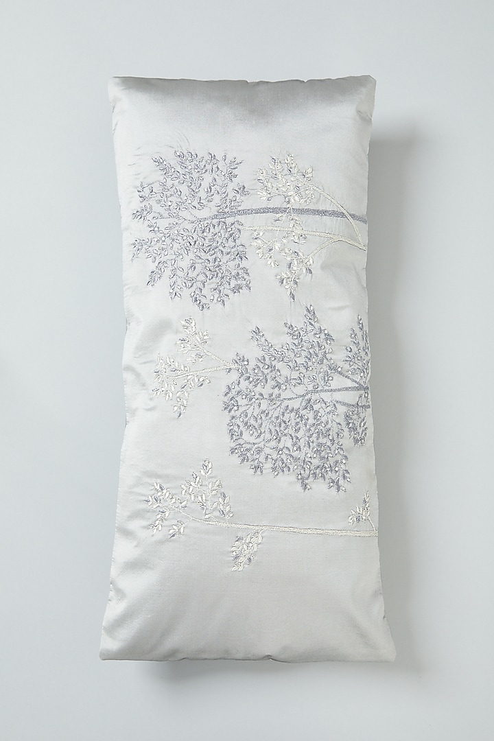 Silver Hand Embroidered Spine Cushion Cover by NEXUS BY UPASNA at Pernia's Pop Up Shop