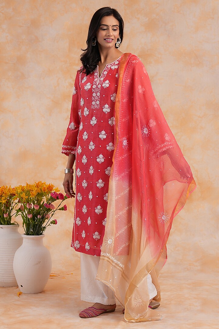 Red Linen Chikankari & Pearl Embroidered Kurta Set by Nyara by Nicky Chawla at Pernia's Pop Up Shop