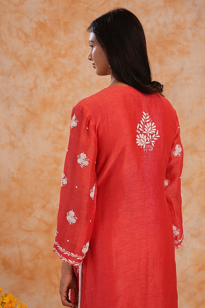 Red Linen Chikankari & Pearl Embroidered Kurta Set by Nyara by Nicky Chawla at Pernia's Pop Up Shop