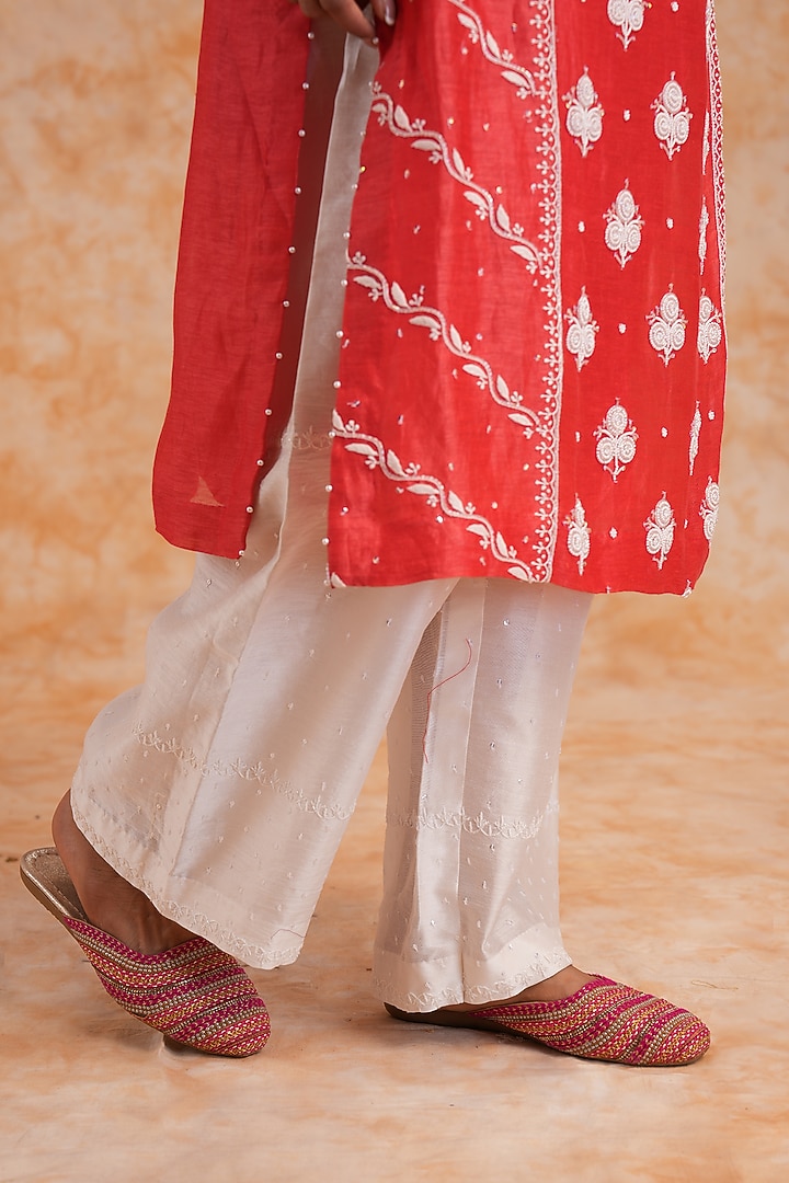Red Linen Chikankari & Pearl Embroidered Kurta Set by Nyara by Nicky Chawla at Pernia's Pop Up Shop