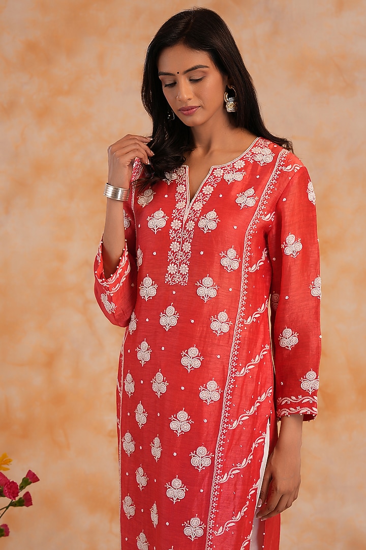 Red Linen Chikankari & Pearl Embroidered Kurta Set by Nyara by Nicky Chawla at Pernia's Pop Up Shop