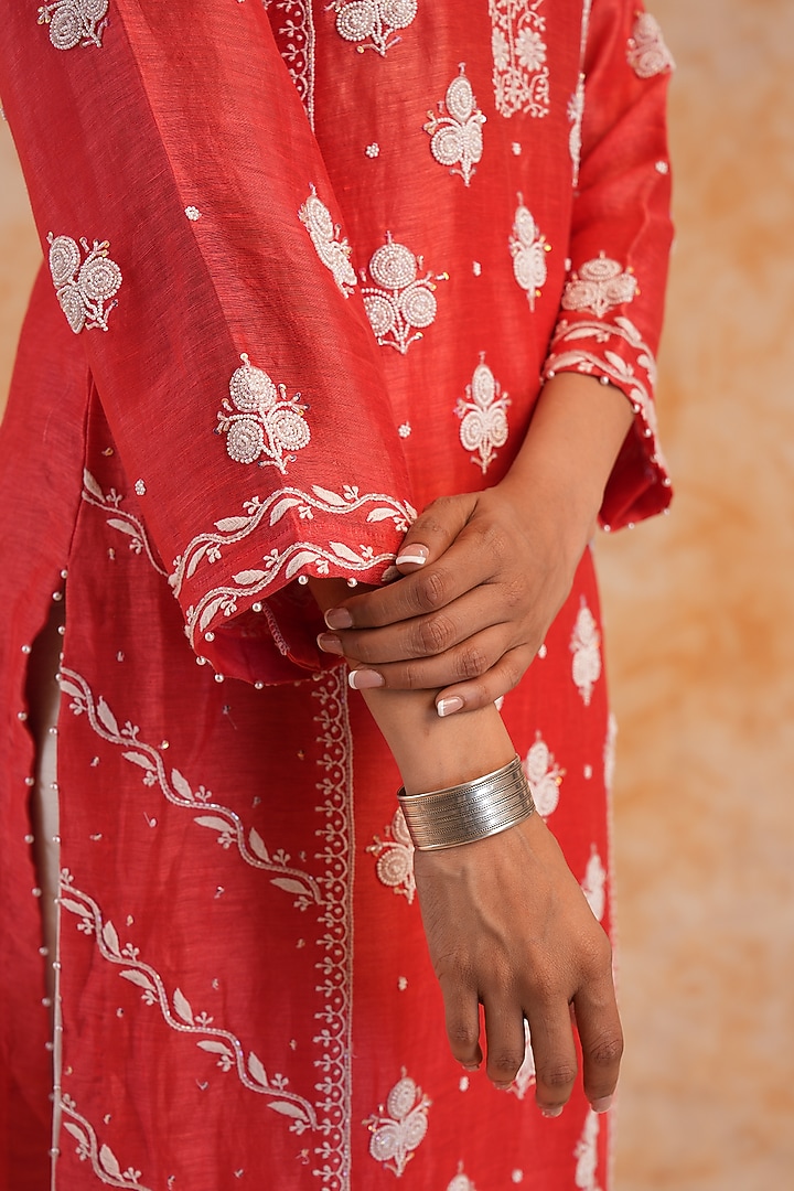 Red Linen Chikankari & Pearl Embroidered Kurta Set by Nyara by Nicky Chawla at Pernia's Pop Up Shop