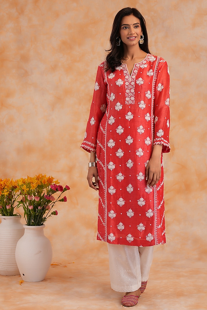 Red Linen Chikankari & Pearl Embroidered Kurta Set by Nyara by Nicky Chawla at Pernia's Pop Up Shop