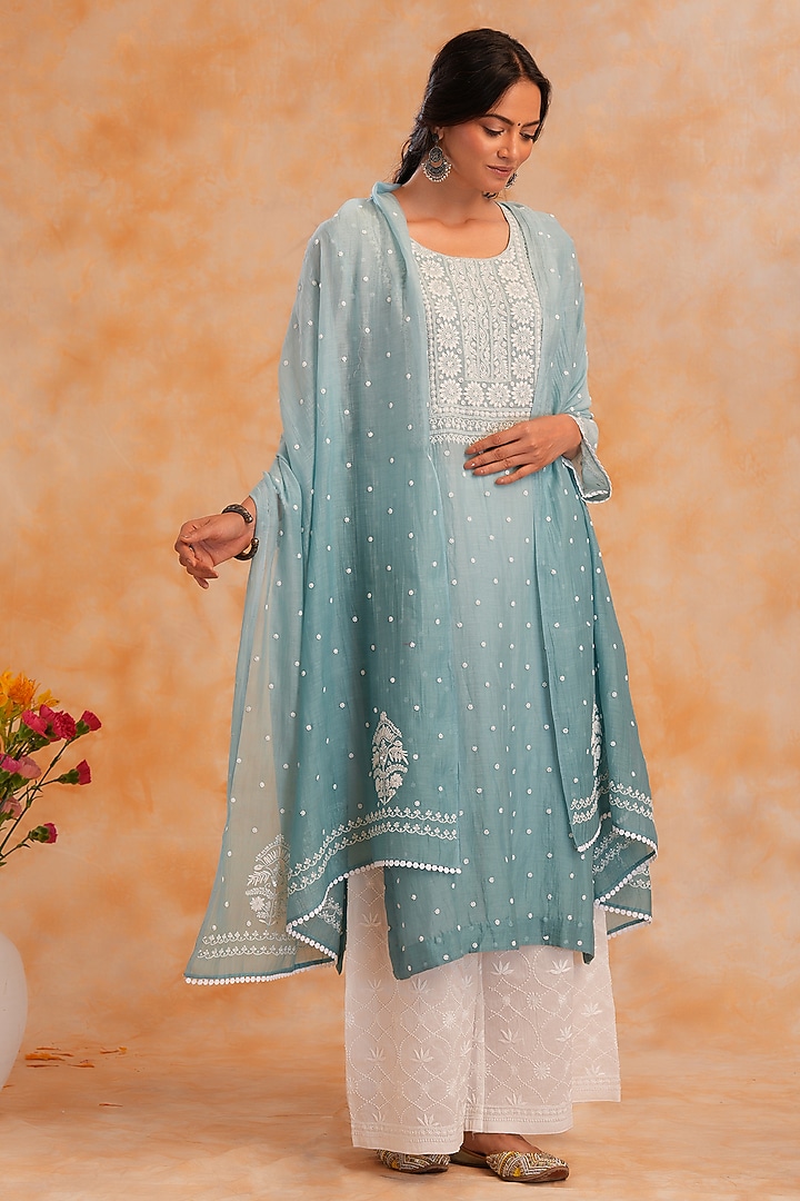 Green Mal Chanderi Pearl & Cutdana Embroidered Kurta Set by Nyara by Nicky Chawla at Pernia's Pop Up Shop