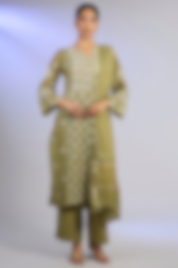 Mehendi Green Tissue Chanderi Silk Chikankari Embroidered Kurta Set by Nyara by Nicky Chawla at Pernia's Pop Up Shop