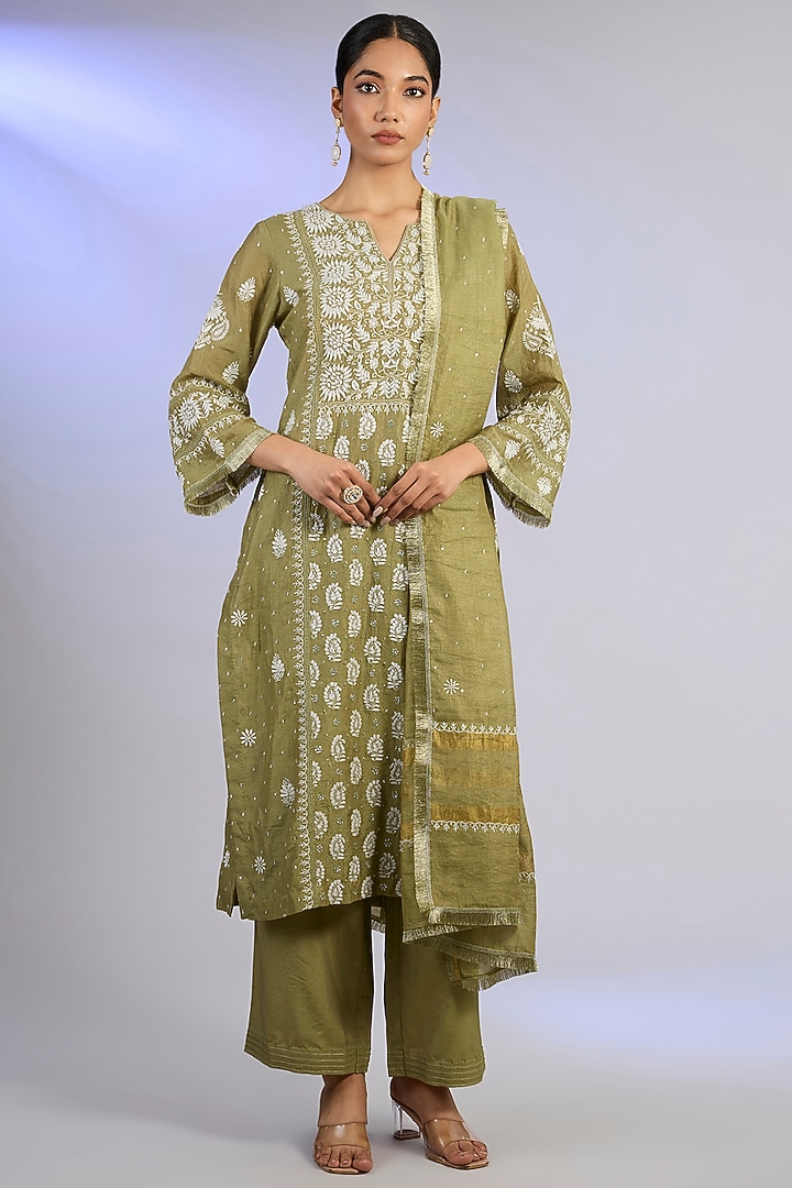 Mehendi Green Tissue Chanderi Silk Chikankari Embroidered Kurta Set by Nyara by Nicky Chawla at Pernia's Pop Up Shop