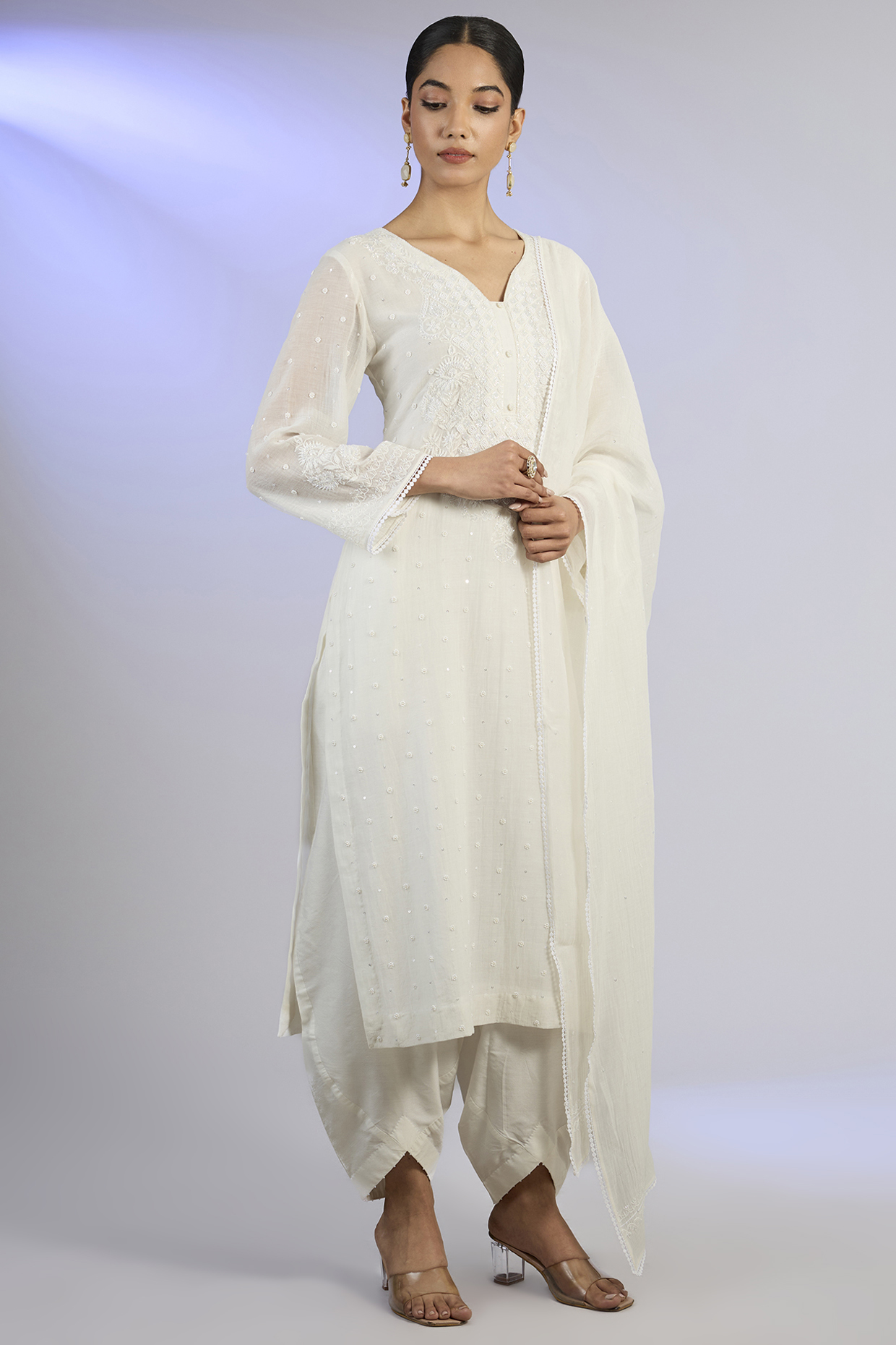 White Mal Chanderi Chikankari Embroidered Kurta Set by Nyara by Nicky Chawla at Pernia's Pop Up Shop