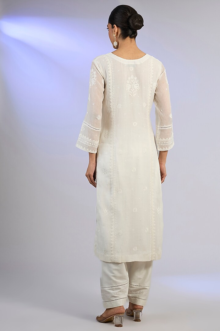 White Mal Chanderi Chikankari Embroidered Kurta Set by Nyara by Nicky Chawla at Pernia's Pop Up Shop