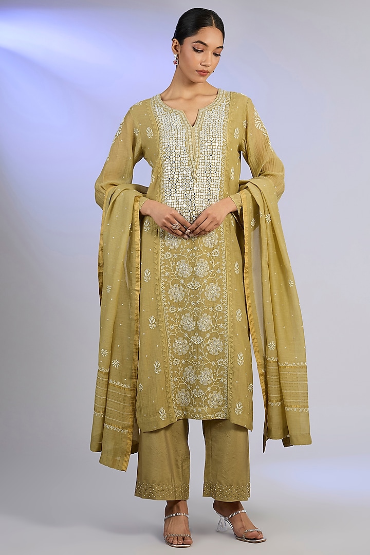 Mehendi Green Mal Chanderi Chikankari Embroidered Kurta Set by Nyara by Nicky Chawla at Pernia's Pop Up Shop