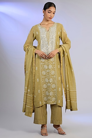 Mehendi Green Mal Chanderi Chikankari Embroidered Kurta Set by Nyara by Nicky Chawla