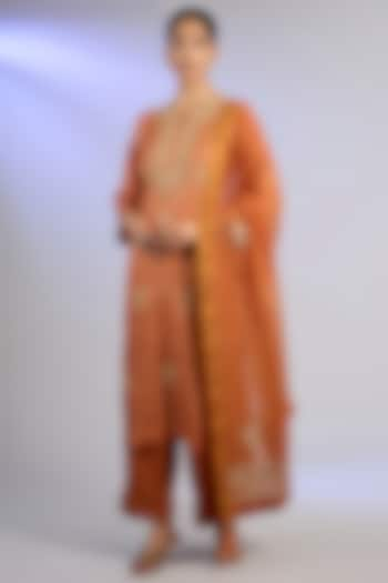 Orange Tussar Silk Chikankari Embroidered Kurta Set by Nyara by Nicky Chawla at Pernia's Pop Up Shop