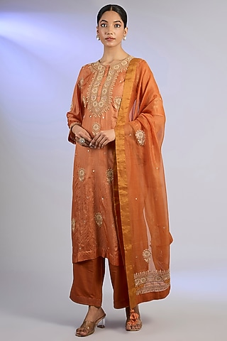 Orange Tussar Silk Chikankari Embroidered Kurta Set by Nyara by Nicky Chawla