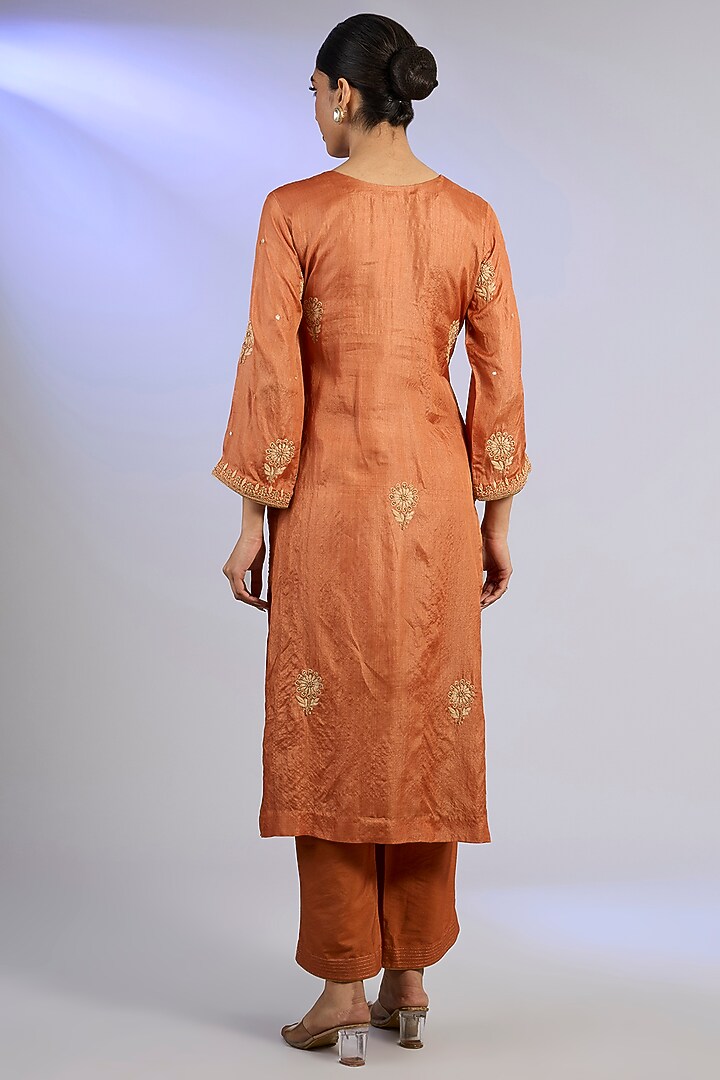 Orange Tussar Silk Chikankari Embroidered Kurta Set by Nyara by Nicky Chawla at Pernia's Pop Up Shop