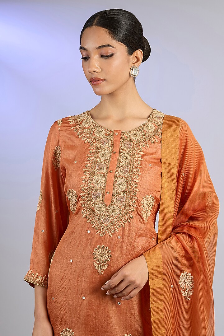 Orange Tussar Silk Chikankari Embroidered Kurta Set by Nyara by Nicky Chawla at Pernia's Pop Up Shop