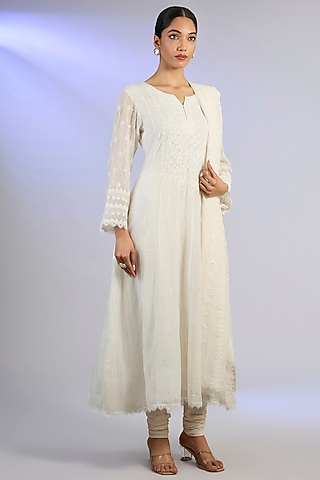 White Mal Chanderi & Cotton Chikankari Embroidered Anarkali Set by Nyara by Nicky Chawla