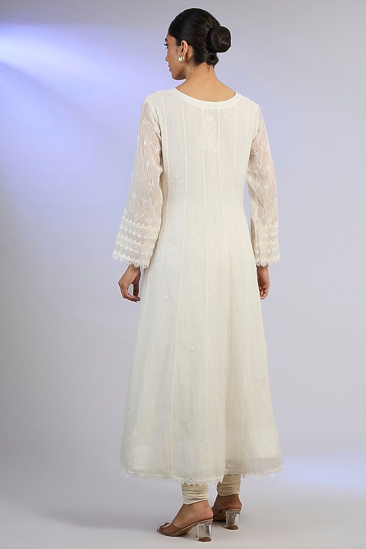 White Mal Chanderi & Cotton Chikankari Embroidered Party Wear Anarkali Set by Nyara by Nicky Chawla at Pernia's Pop Up Shop