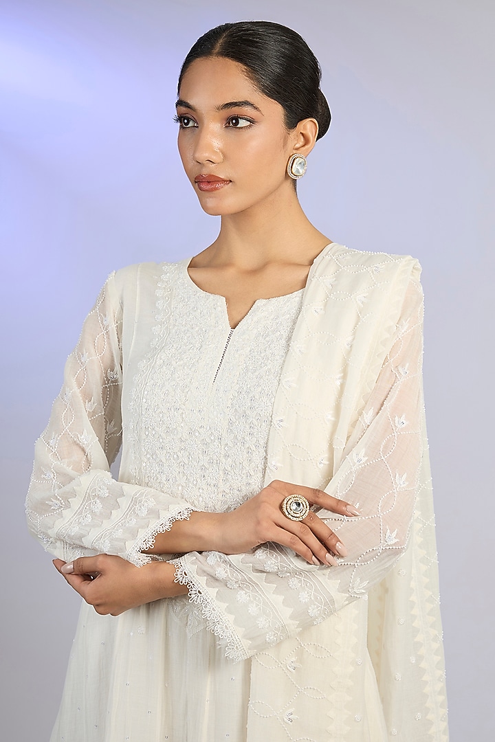 White Mal Chanderi & Cotton Chikankari Embroidered Party Wear Anarkali Set by Nyara by Nicky Chawla at Pernia's Pop Up Shop