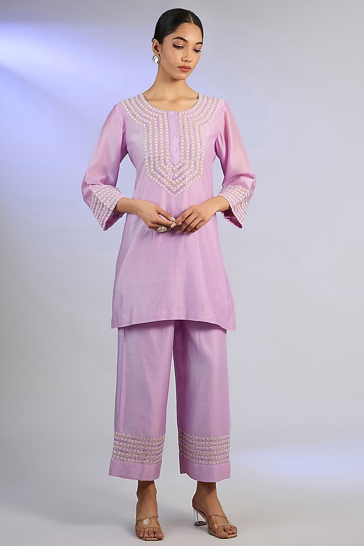 Lilac Chanderi Silk Zari Boota Embellished Co-Ord Set by Nyara by Nicky Chawla at Pernia's Pop Up Shop