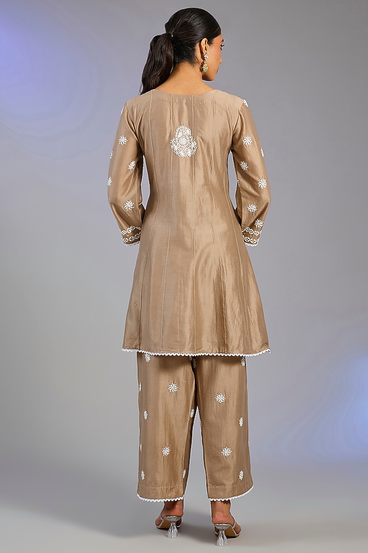 Brown Chanderi Silk & Cotton Chikankari Embroidered Co-Ord Set by Nyara by Nicky Chawla at Pernia's Pop Up Shop