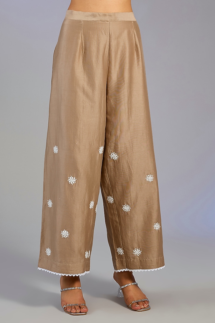 Brown Chanderi Silk & Cotton Chikankari Embroidered Co-Ord Set by Nyara by Nicky Chawla at Pernia's Pop Up Shop