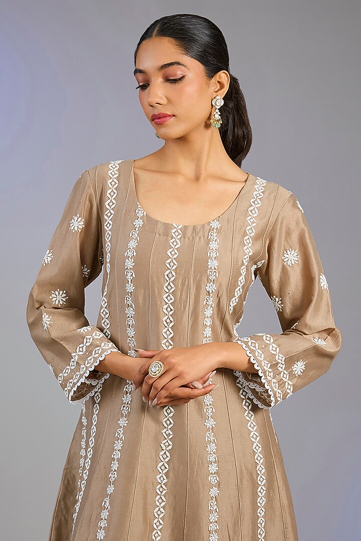 Brown Chanderi Silk & Cotton Chikankari Embroidered Co-Ord Set by Nyara by Nicky Chawla at Pernia's Pop Up Shop
