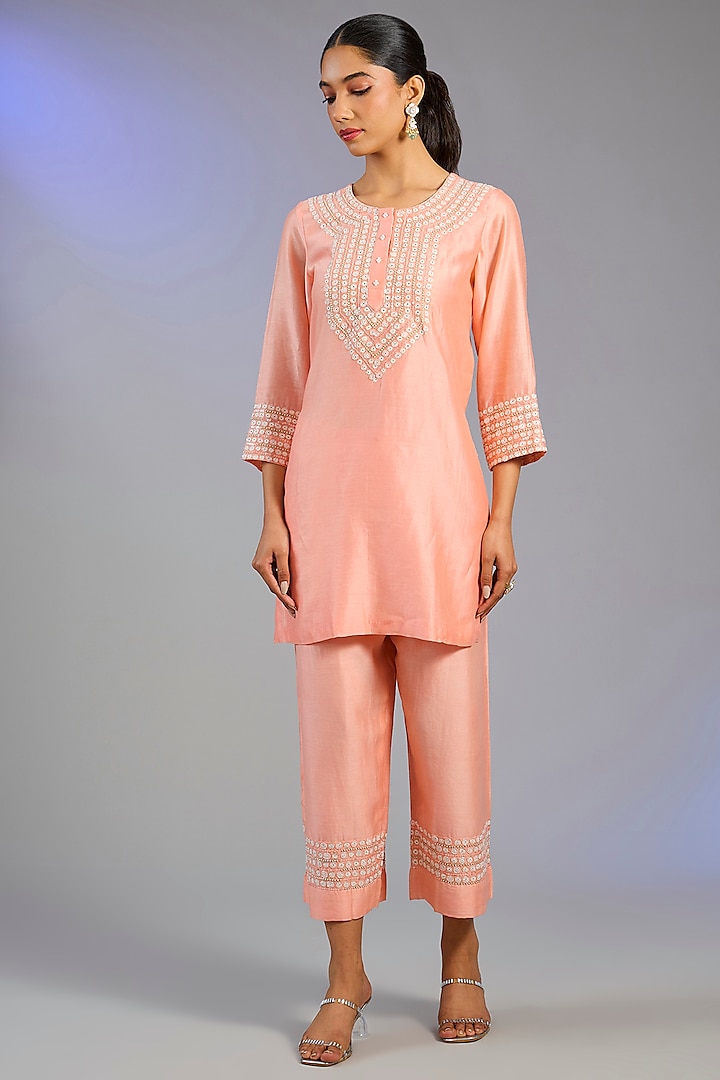 Peach Chanderi Silk & Cotton Chikankari Embroidered Co-Ord Set by Nyara by Nicky Chawla at Pernia's Pop Up Shop