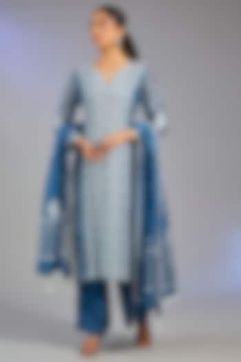 Blue Chanderi Silk & Cotton Sequins Embroidered Kurta Set by Nyara by Nicky Chawla at Pernia's Pop Up Shop