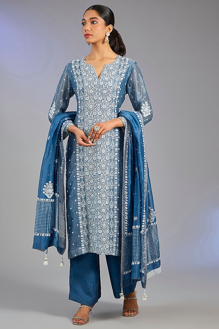 Blue Chanderi Silk & Cotton Sequins Embroidered Kurta Set by Nyara by Nicky Chawla at Pernia's Pop Up Shop