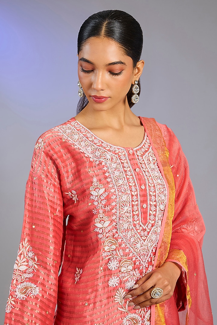Peach Chanderi Silk & Cotton Chikankari Embroidered Kurta Set by Nyara by Nicky Chawla at Pernia's Pop Up Shop
