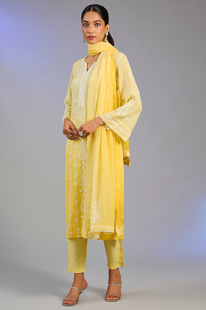 Yellow Mal Chanderi Cutdana Embroidered Kurta Set by Nyara by Nicky Chawla at Pernia's Pop Up Shop