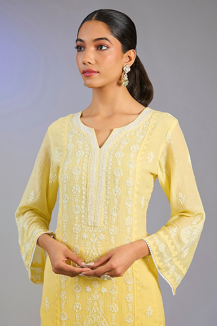 Yellow Mal Chanderi Cutdana Embroidered Kurta Set by Nyara by Nicky Chawla at Pernia's Pop Up Shop