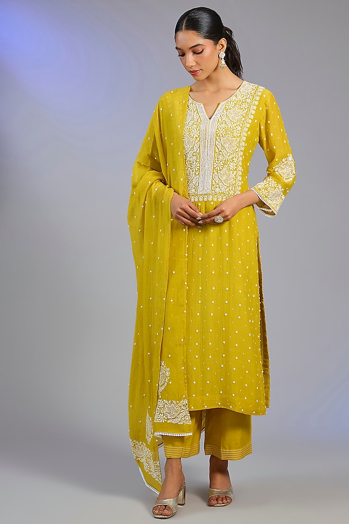 Mustard Yellow Mal Chanderi Cutdana Embroidered Kurta Set by Nyara by Nicky Chawla at Pernia's Pop Up Shop