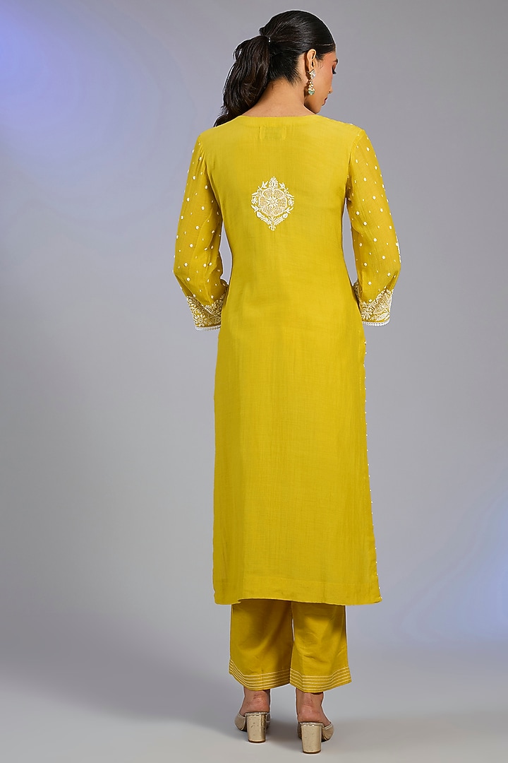 Mustard Yellow Mal Chanderi Cutdana Embroidered Kurta Set by Nyara by Nicky Chawla at Pernia's Pop Up Shop