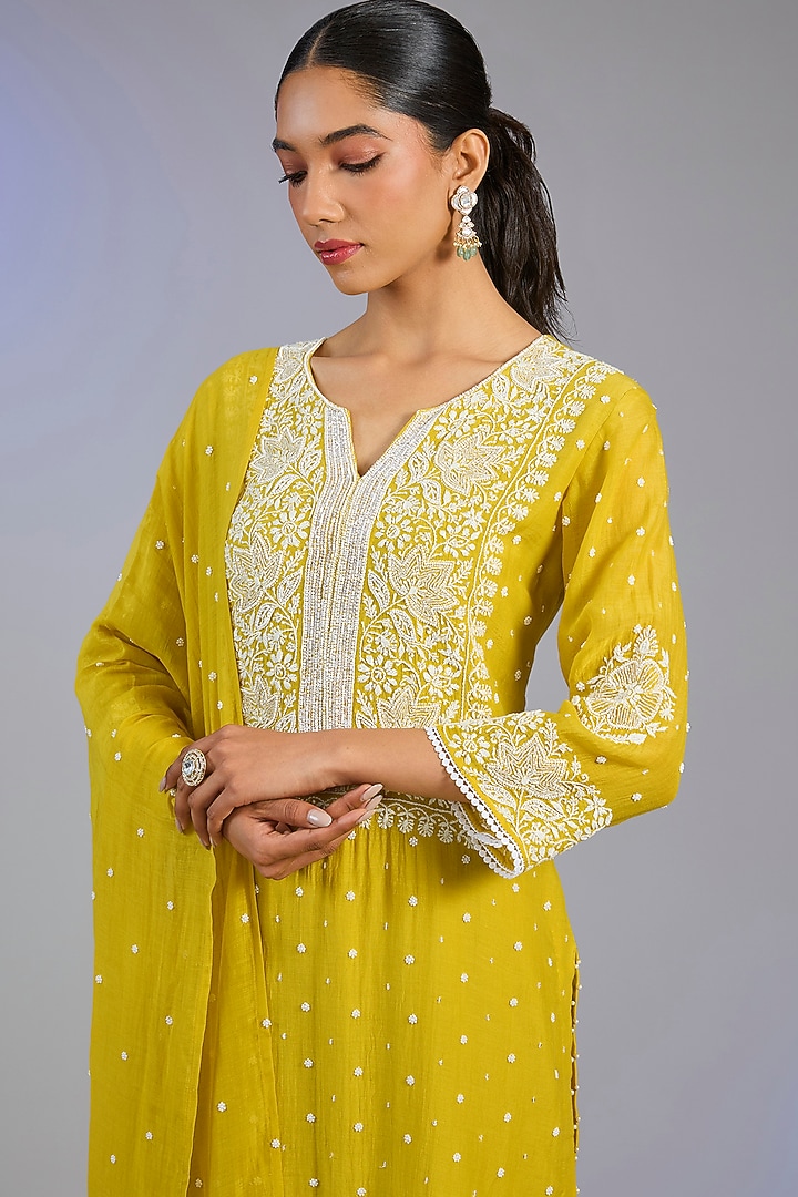 Mustard Yellow Mal Chanderi Cutdana Embroidered Kurta Set by Nyara by Nicky Chawla at Pernia's Pop Up Shop
