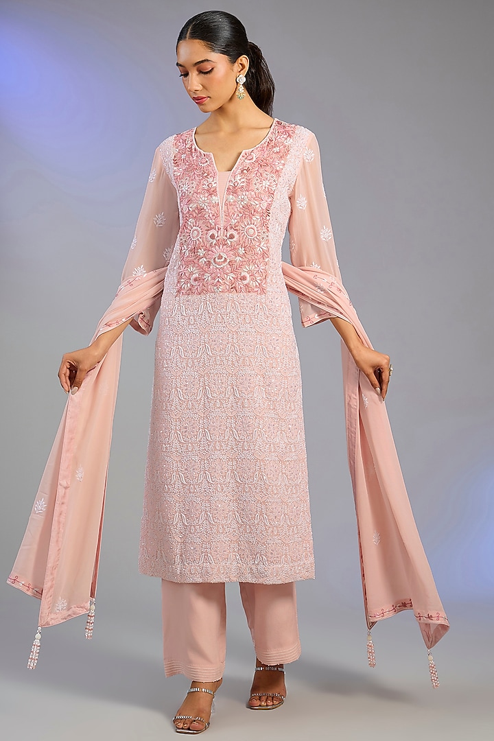 Pink Pure Georgette Chikankari Embroidered Kurta Set by Nyara by Nicky Chawla at Pernia's Pop Up Shop