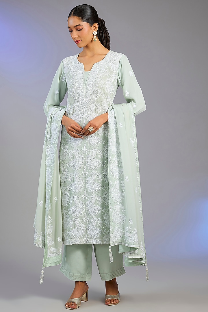 Green Pure Georgette Embroidered Chikankari Kurta Set by Nyara by Nicky Chawla at Pernia's Pop Up Shop