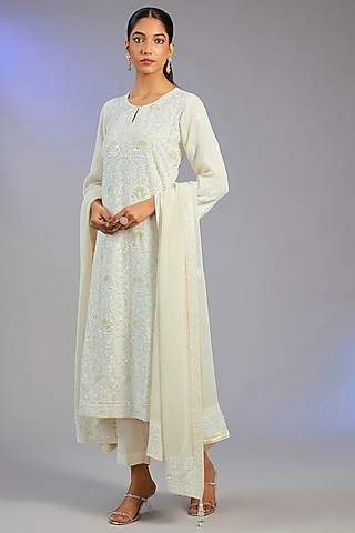 White Pure Georgette Embroidered Chikankari Kurta Set by Nyara by Nicky Chawla