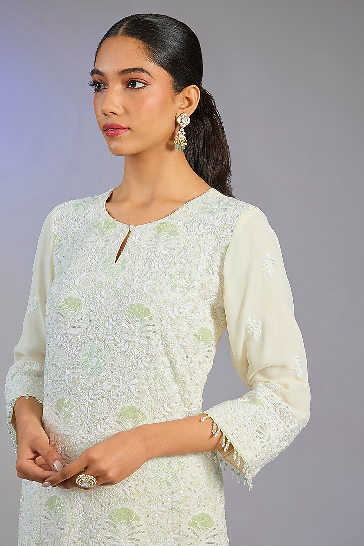 White Pure Georgette Embroidered Chikankari Kurta Set by Nyara by Nicky Chawla at Pernia's Pop Up Shop