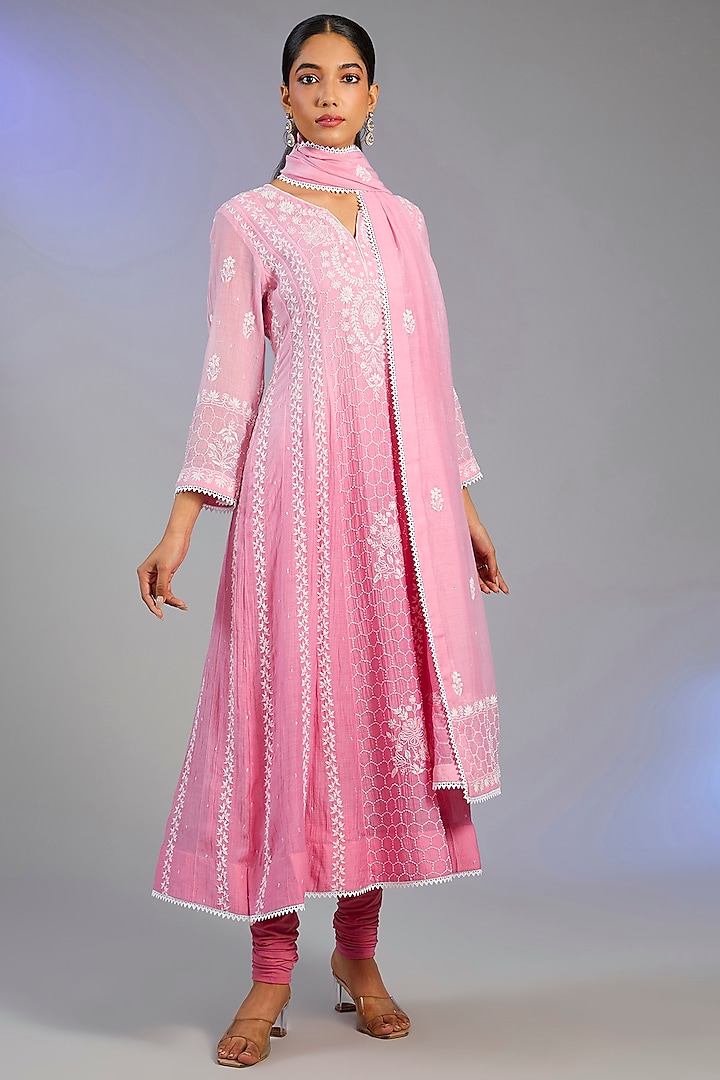 Pink Mal Chanderi Chikankari Embroidered Anarkali Set by Nyara by Nicky Chawla at Pernia's Pop Up Shop