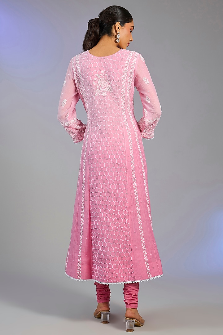 Pink Mal Chanderi Chikankari Embroidered Party Wear Anarkali Set by Nyara by Nicky Chawla at Pernia's Pop Up Shop