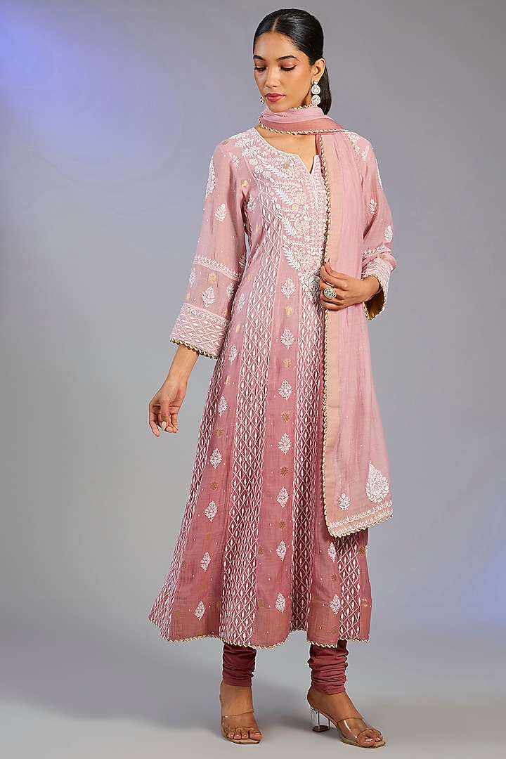 Pink Mal Chanderi Chikankari Embroidered Anarkali Set by Nyara by Nicky Chawla at Pernia's Pop Up Shop