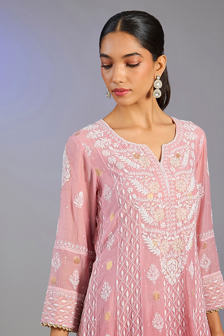 Pink Mal Chanderi Chikankari Embroidered Party Wear Anarkali Set by Nyara by Nicky Chawla at Pernia's Pop Up Shop