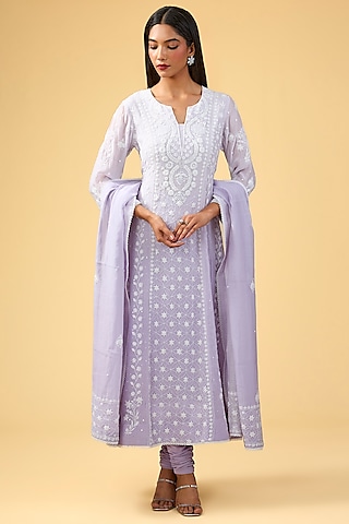 Lilac Mal Chanderi & Cotton Silk Chikankari Embroidered Anarkali Set by Nyara by Nicky Chawla