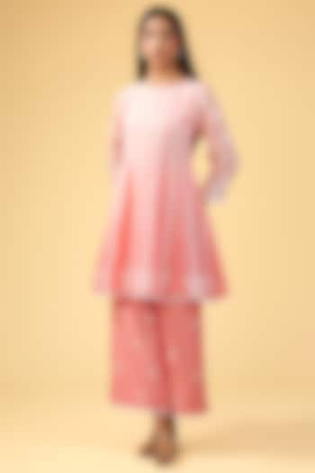 Peach Maheshwari Silk Chikankari Embroidered Co-Ord Set by Nyara by Nicky Chawla at Pernia's Pop Up Shop