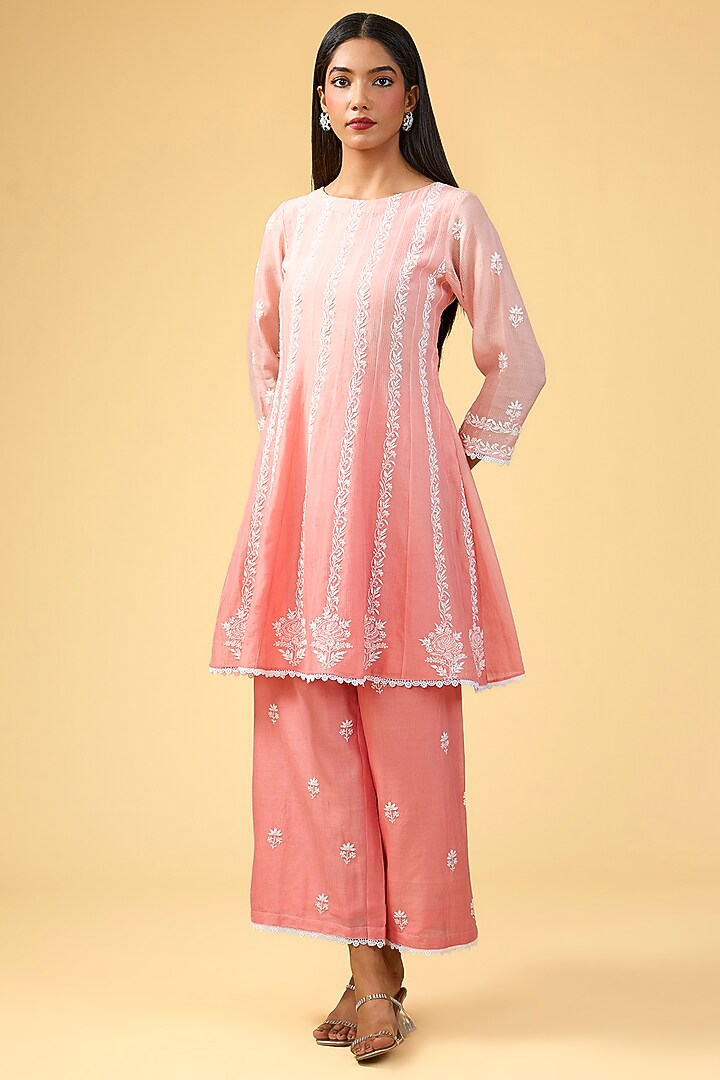 Peach Maheshwari Silk Chikankari Embroidered Co-Ord Set by Nyara by Nicky Chawla at Pernia's Pop Up Shop