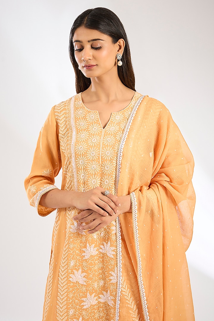 Peach Kota Doriya Kurta Set by Nyara by Nicky Chawla at Pernia's Pop Up Shop