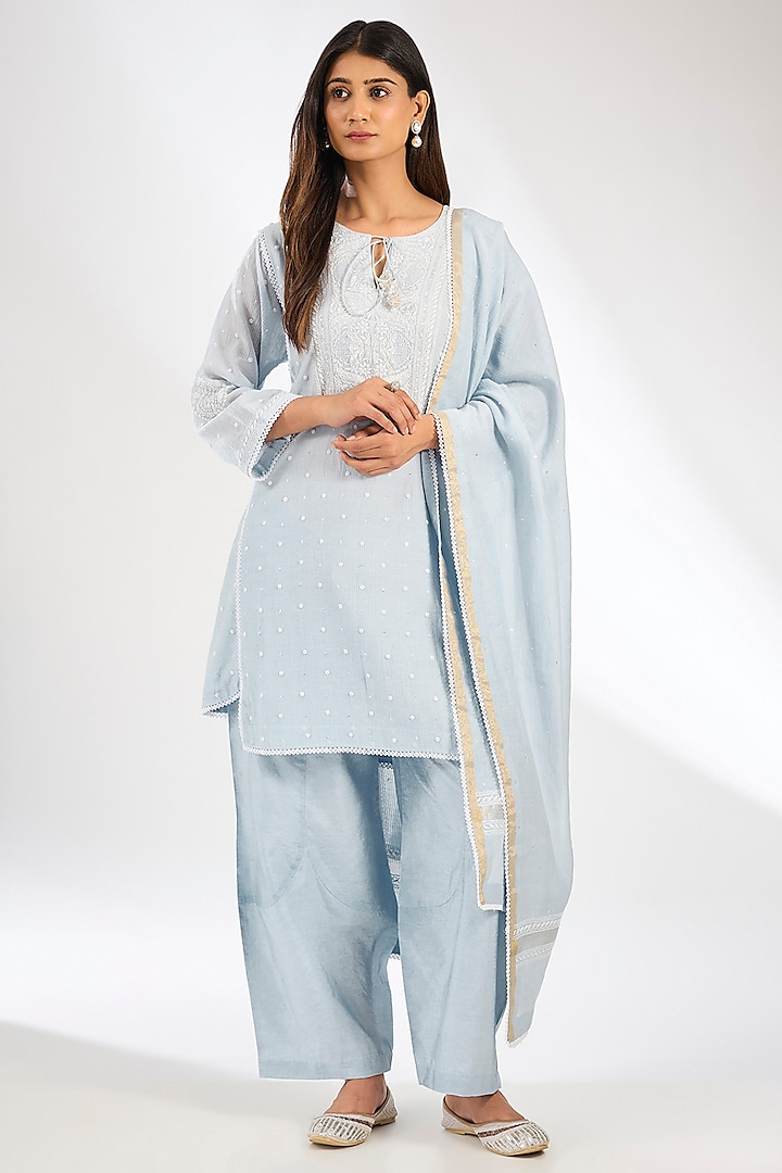 Blue Maheshwari Silk Sequins Embroidered Kurta Set by Nyara by Nicky Chawla at Pernia's Pop Up Shop