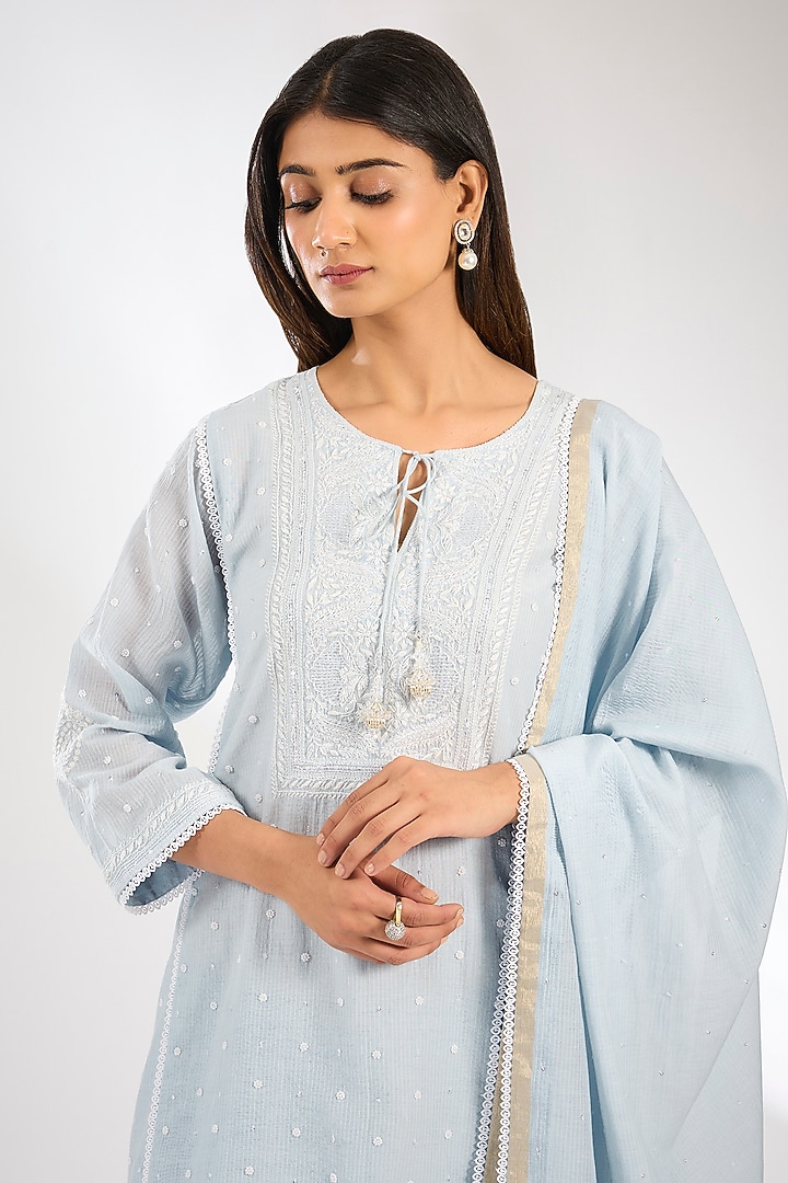 Blue Maheshwari Silk Sequins Embroidered Kurta Set by Nyara by Nicky Chawla at Pernia's Pop Up Shop